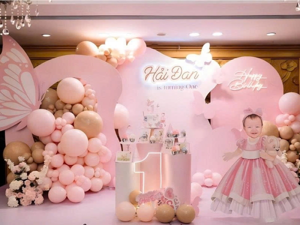 TRANG TRÍ BACKDROP BÉ GÁI CHỦ ĐỀ BƯỚM HỒNG CÔNG CHÚA