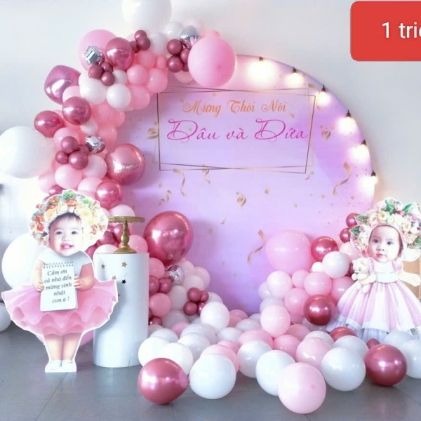 TRANG TRÍ BACKDROP BÉ GÁI TONE HỒNG TRẮNG CÔNG CHÚA